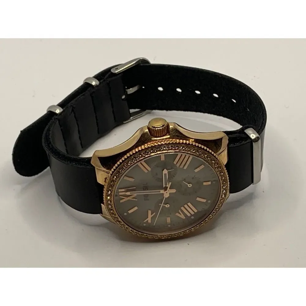 Fossil AM4616 Women's Black Leather Analog Beige Dial Quartz Wrist Watch RU263